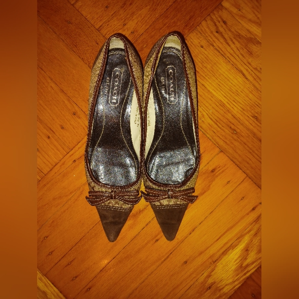 Coach Women's Signature Kitten Heels In Signature Print With Bow In Brown
